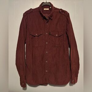 Burberry Brit Men’s Large Corduroy Button Down Shirt, Burgundy Military Style